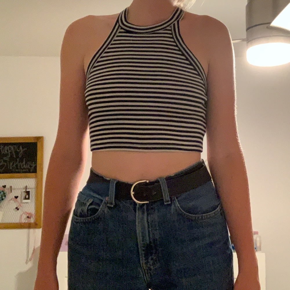 Black and white striped halter crop top.
